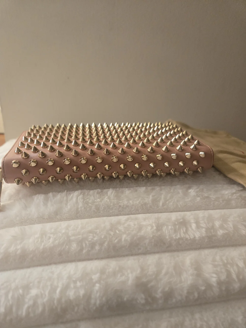 Christian Louboutin Blush Pink Studded Zip-Around Wallet with Gold Spikes